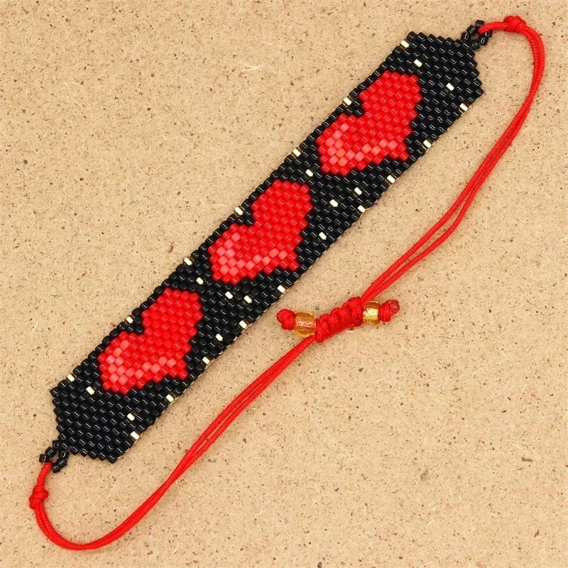 Bohemia Adjustable Red Heart Rice Bead Bracelet for Women Fashion Knitting Jewelry Intersperse Design Versatile Accessory
