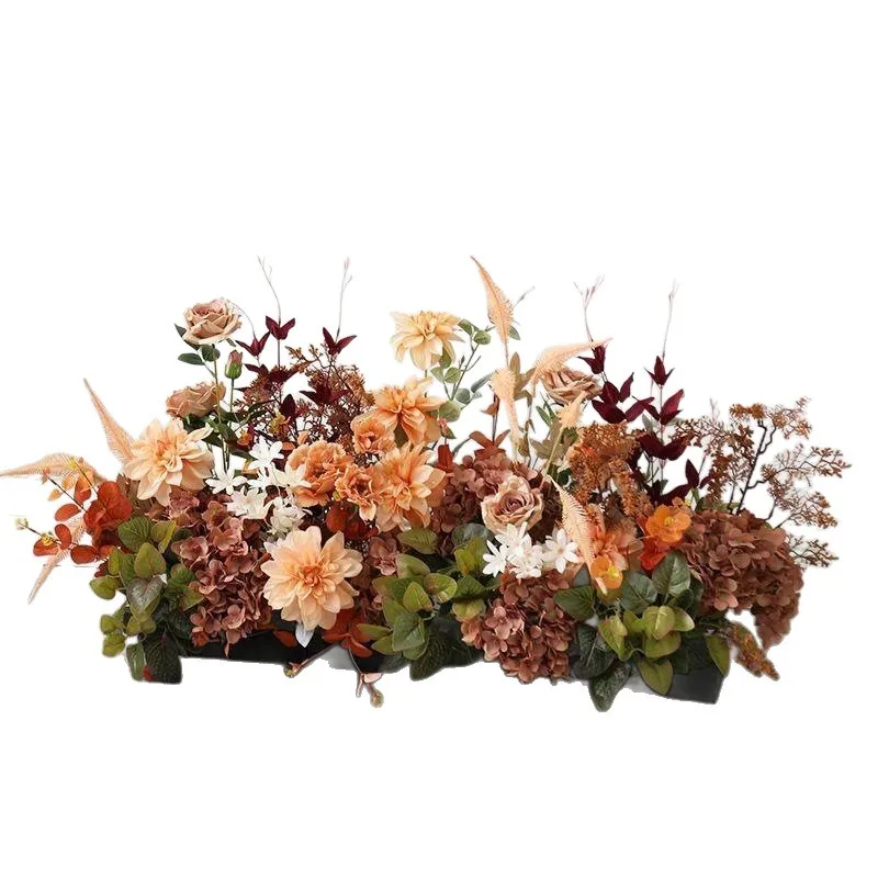 Brown silk flower row wedding stage wall hanging flower art window activity walkway road guide decoration