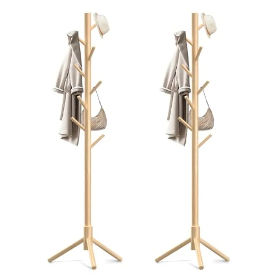 

Wooden Coat Rack Stand Freestanding Coat Rack with 8 Hooks 3 Adjustable Size Coat Tree for Hats Coats Scarves bags Coat Hanger