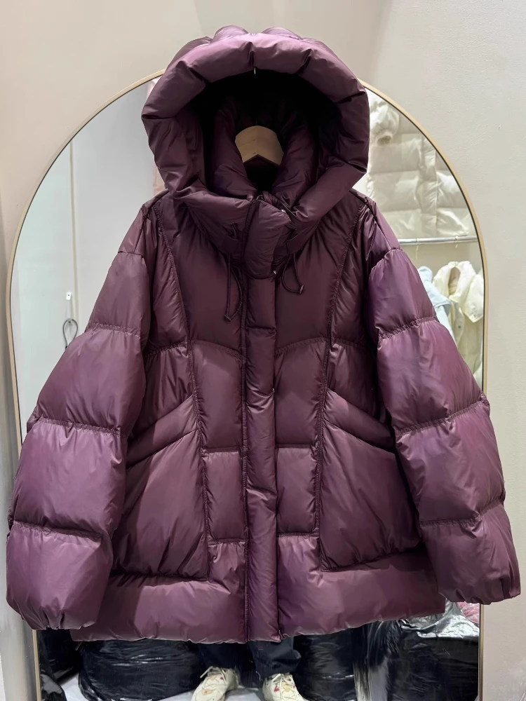 New Winter Thickened Puffer Down Jacket Women Warm Hooded Medium Length Loose Solid Color 90% White Duck Down Coat 2026