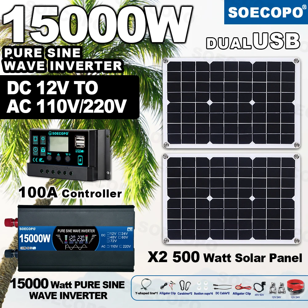 

SOECOPO 15000W Solar System Kit - Pure Sine Inverter 12V To 110V 220V 2*500W Panels and 100A Controller for Home Balcony Power