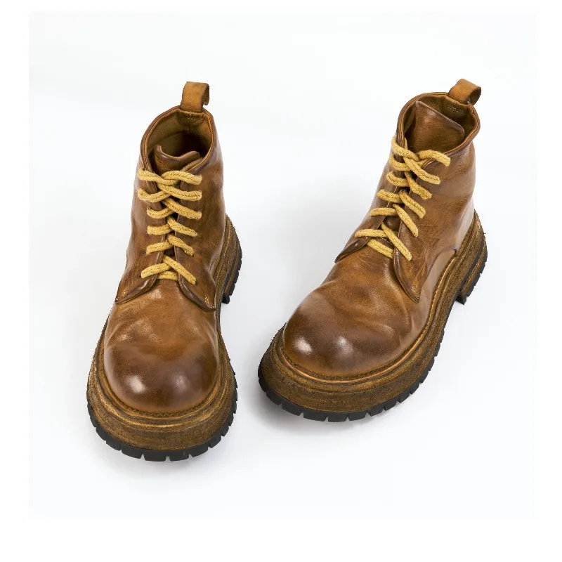 Handmade Thick Soled Retro High-end Genuine Leather High Top Outdoor Casual Chelsea Boots Men's Shoes Motorcycle Ankle Boots