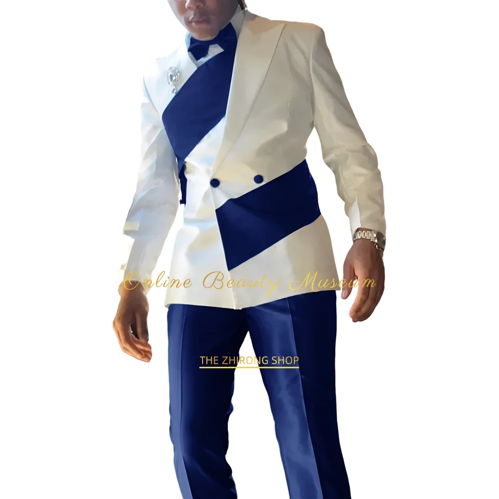 Special Design Men's White Royal Blue 2-Piece Suit (Blazer+Trousers) Double Breasted Peaked Lapel Business Wedding Groom Wear