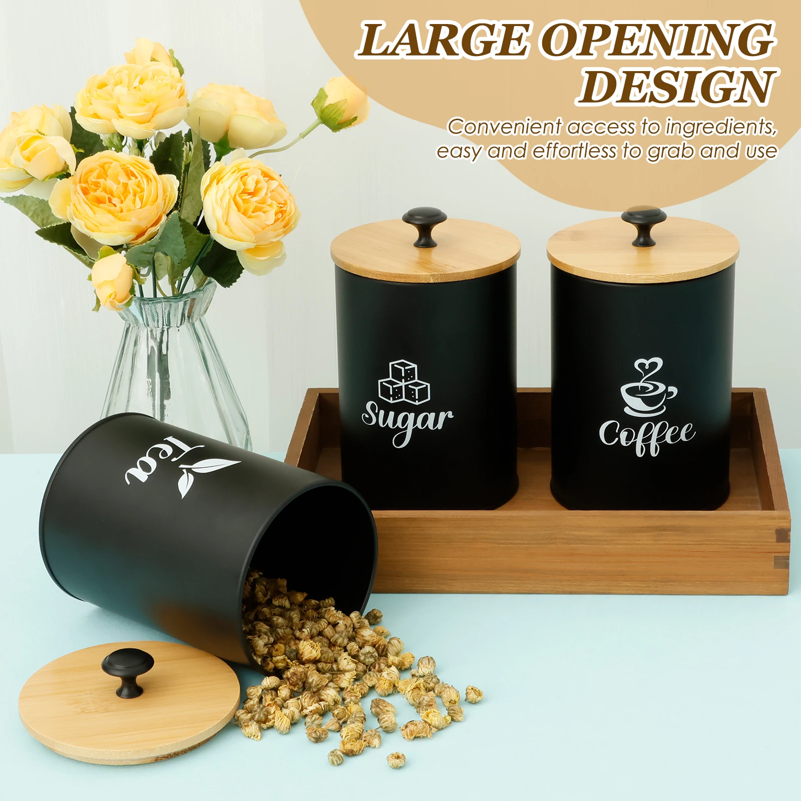 3Pcs Coffee Bean Storage Jar Metal Canister Set With Airtight Bamboo Lid Airtight Tea Coffee Containers Jar for Counter Kitchen