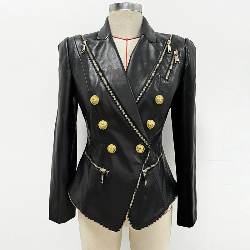 

Leather Jacket 2025 Women's Double-breasted Slim Fashion Zippers Pockets Designs Women Clothing Black New Coats and Jackets