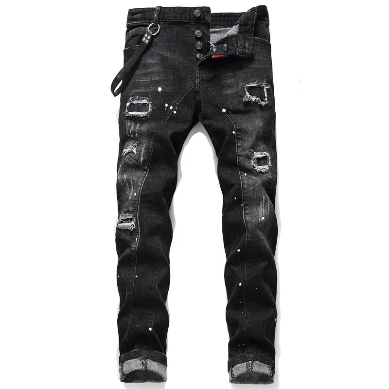 

New Style Men’s Light Luxury Black Jeans,Slim Fit Sexy Denim Pants,Printing Decors Punk Jeans,Trendy Casual Jeans;