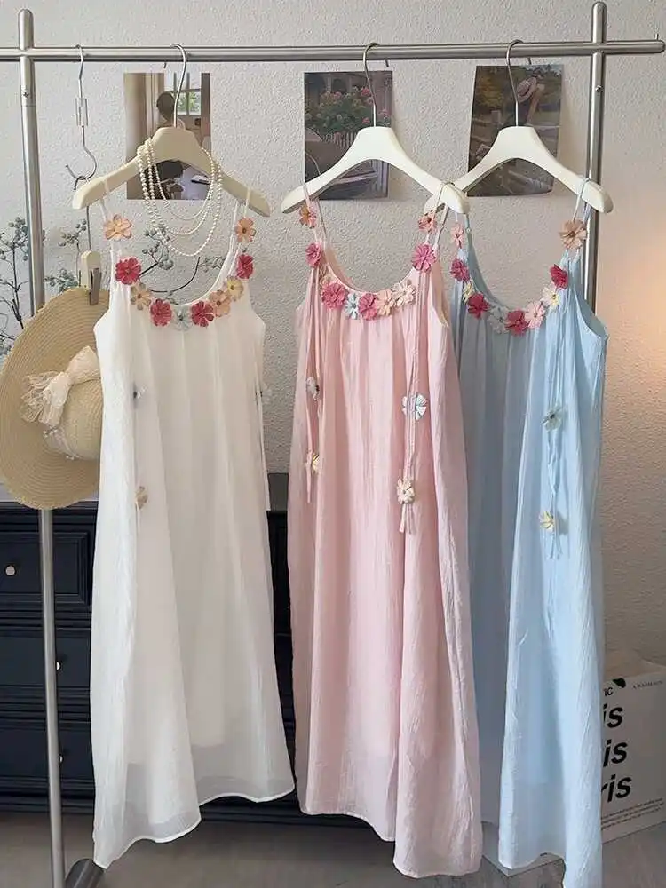 

Summer Floral Camisole Dress Women Solid Color Applique Sleeveless Dresses Elegant Fashion Beach Style Female dress