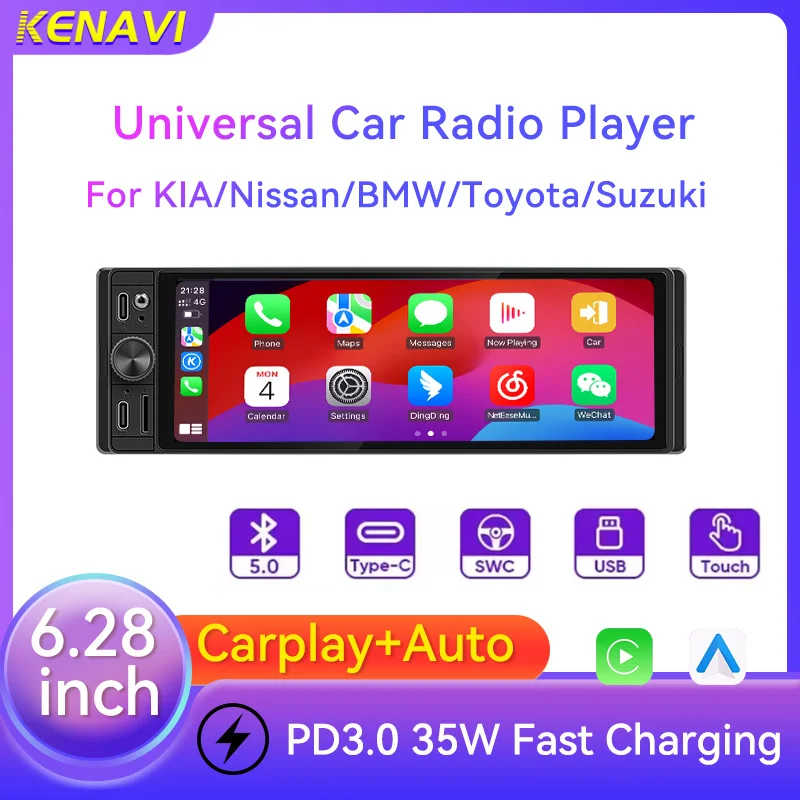 kenavi-628-inch-1din-carplay-android-auto-car-radio-multimedia-video-mp5-player-with-bt-rds-fm-stereo-usb-type-c-plug-autoradio