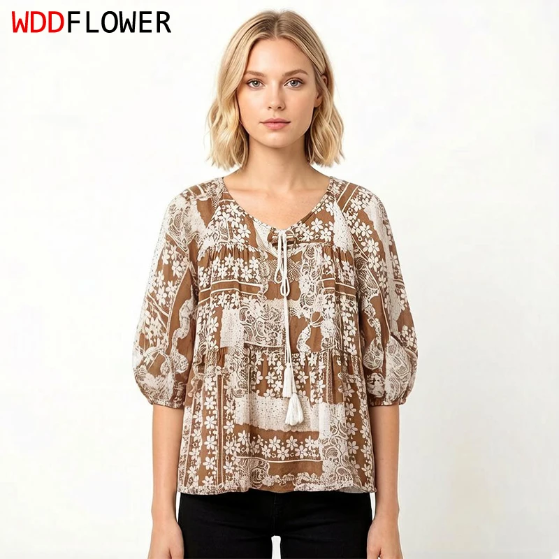 

Women Silk Top 100% Mulberry Silk Raglan Half Sleeve Loose Type Brown Floral Printed Casual Shirt Blouse Summer QQ076