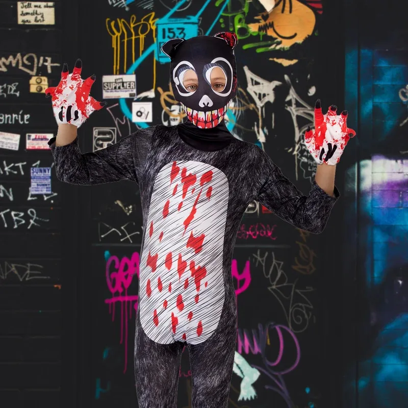 CyHalloween Costumes for Kids Anime Black Cat Cosplay Boys Girls Bodysuit and Gloves Horror Cartoon Disfraces Cosplay Clothing