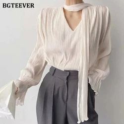 BGTEEVER Spring Summer Loose Women Solid Blouses V-neck Flare Sleeve Elegant Ladies Pullovers Shirts Ruched Female Blusas 2022