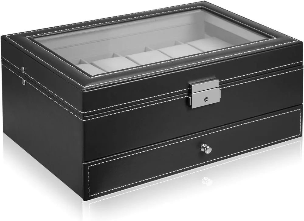 12-Slot Leather Watch Box with Lockable Drawer, Black Display Case for Men's Watches and Jewelry
