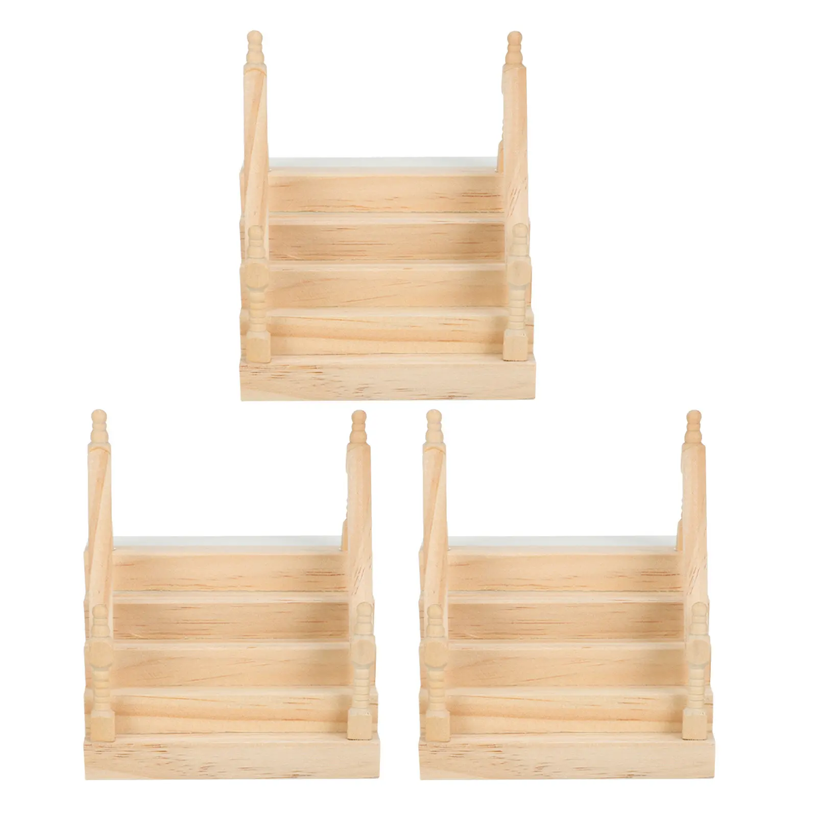 3Pcs Miniature Wood Stairs Dollhouse Stairway with Rounded Edges Safe Finish Lifelike Stair Design Versatile Mini House