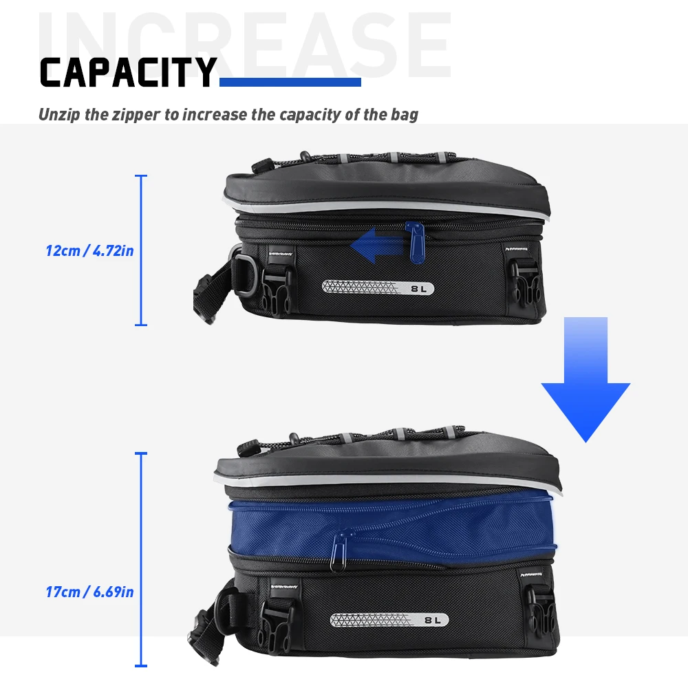 Motorcycle tail bag expandable 8-10L universal motorcycle rear seat luggage storage bag, with shoulder straps and rain cover - Image 6