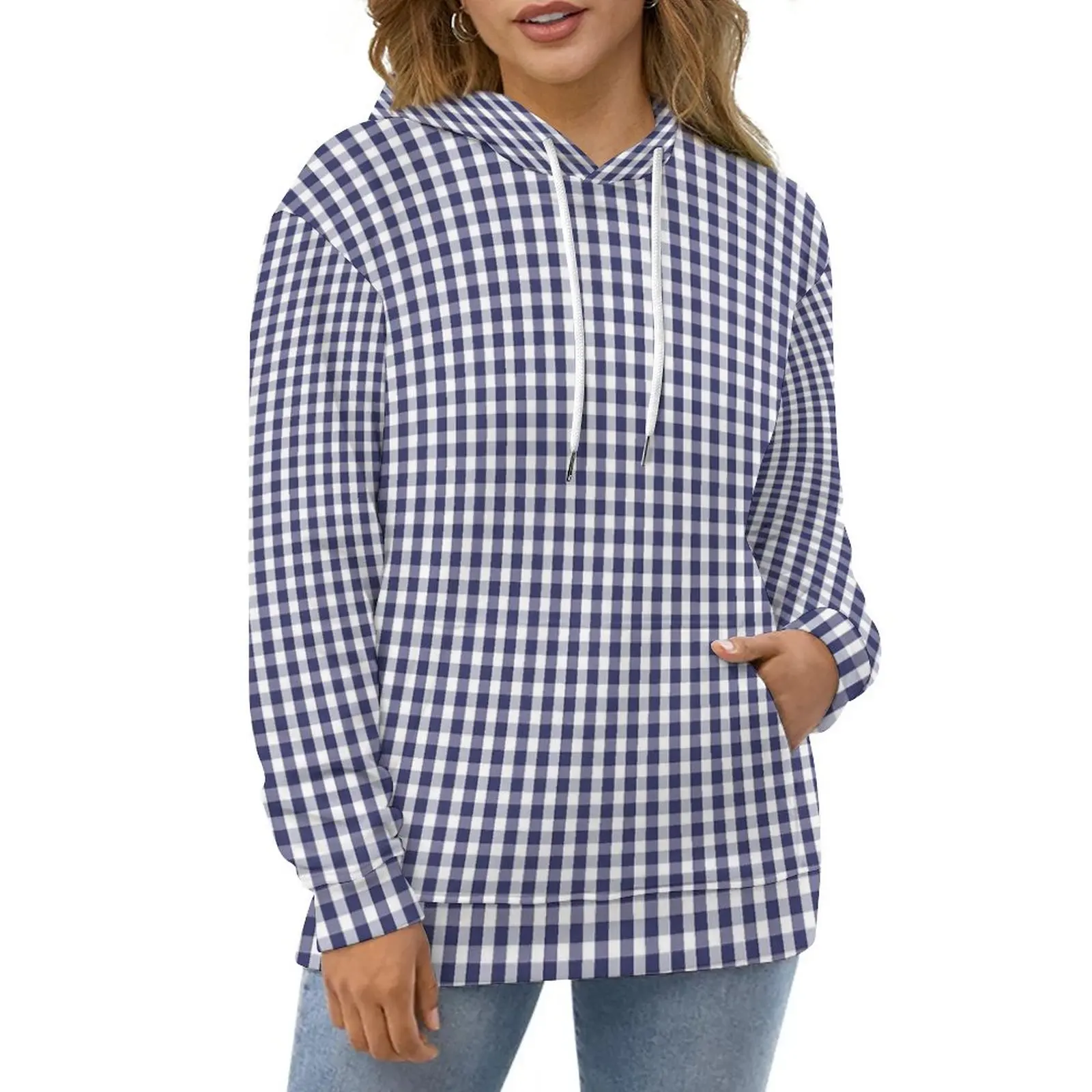 

Blue And White Gingham Casual Hoodies Checked Retro Graphic Loose Hoodie Winter Long Sleeve Street Style Oversize Clothing