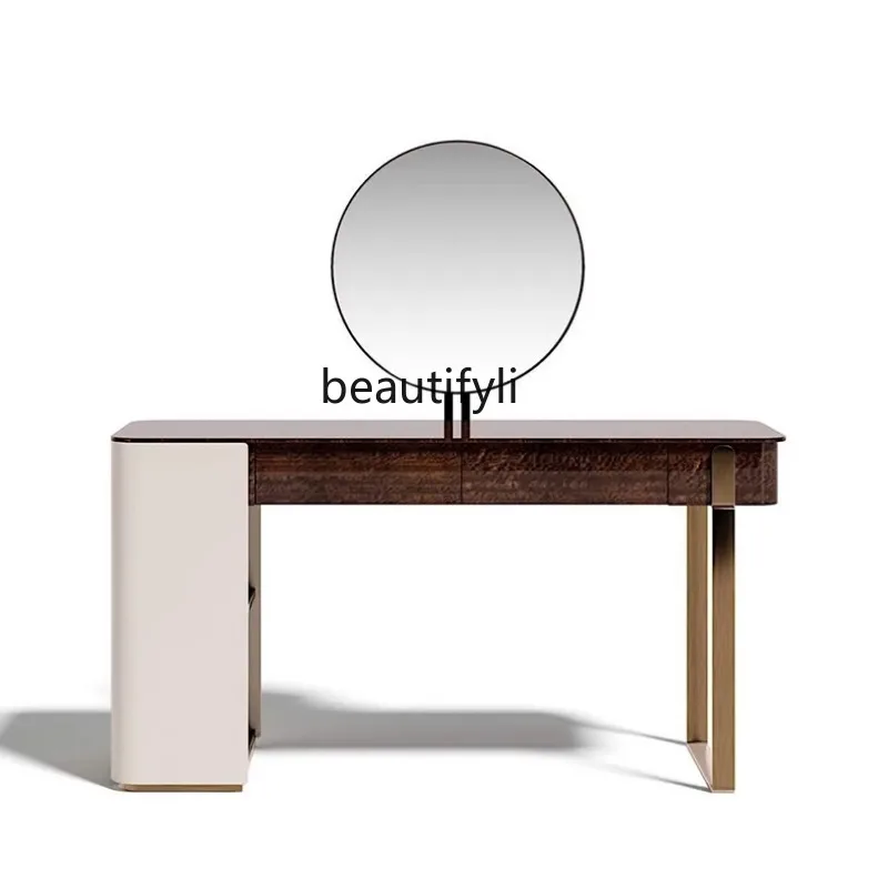 Custom Italian  Bedroom Stainless Steel Golden Dressing Table Wood Grain Paint Finish Model Room with Mirror Custom Makeup Table