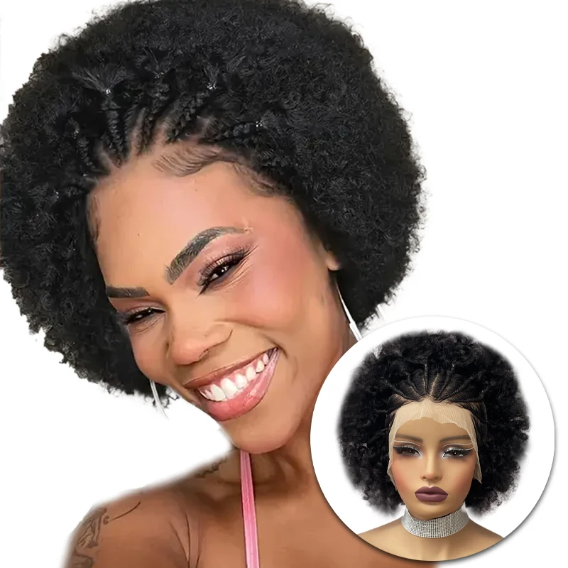 8 Inch 100% Human Hair 150% Density 13X4 Lace Front Short Afro Curly Braids Black Wig Women Glueless Wig Beginners Friendly