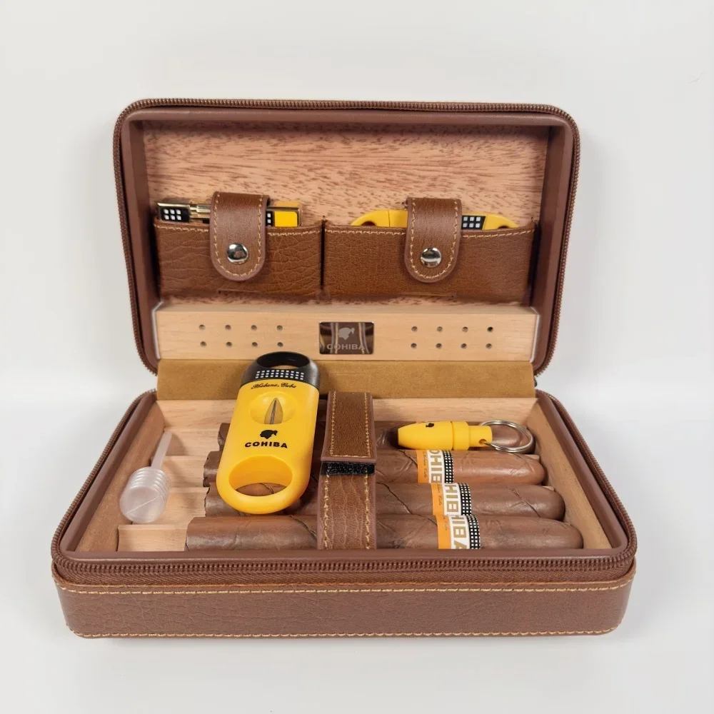 

Cohiba's portable humidor is made of leather and cedar to keep your cigars fresh and comes with a set of cigar accessories