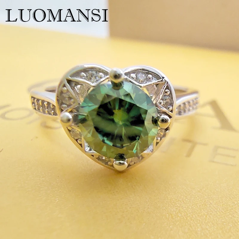 Luomansi S925 Silver Jewelry Heart Ring 1 Carat Green Pink Green Yellow Blue Moissanite Woman Wedding Anniversary Birthday Gift