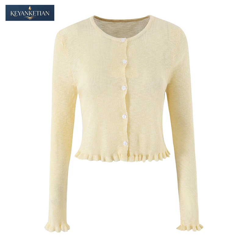 

KEYANKETIAN 2026 Chic Coquette Cropped Knit Cardigan Slim Fit with Round Neck, Button Front & Sweet style Ruffled Hem Thin Coat