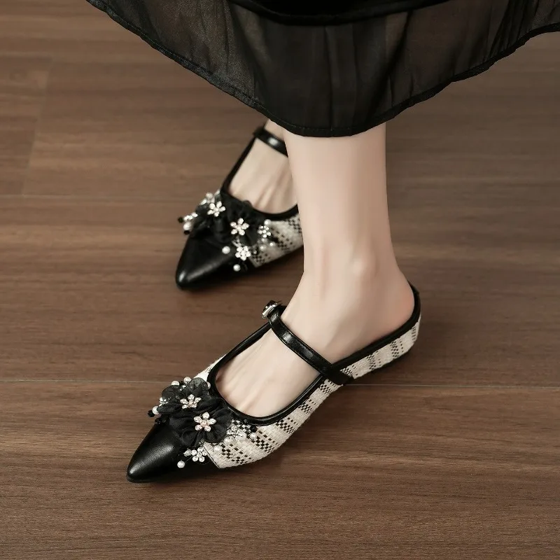 

New Womens Shoes Exquisite French Style Casual Shoes for Woman Fashion Pointed Tip Mueller Slippers Designer Shoes Zapatos Mujer