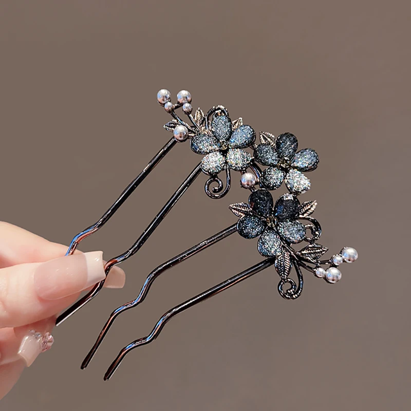 Chiński starożytny styl Wykwintna perła Rhinestone Kwiat Grzebień do włosów w kształcie litery U Kobiety Elegancki temperament Codzienna metalowa spinka do włosów