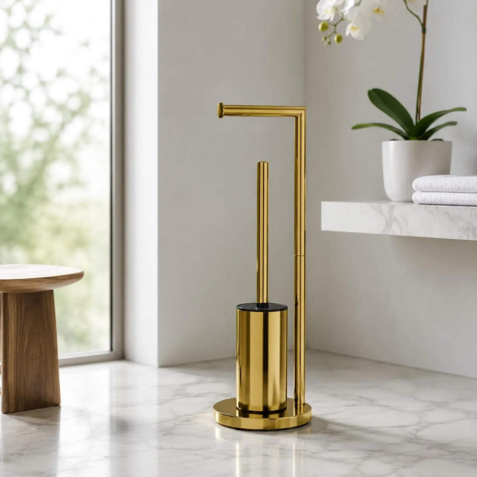 

Toilet Tissue Holder with Brush Gold Finish Toilet Roll and Brush Combo Bathroom Organizer Long-Lasting Metal Anti-Slip Base