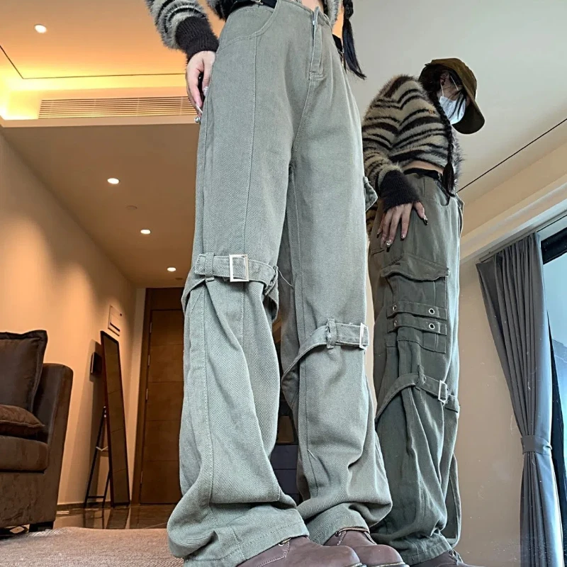 

Весенне-осенняя мужская одежда, однотонные брюки-карго на пуговицах с высокой талией и карманами, повседневные брюки в стиле ретро, прямые брюки-карго High Street