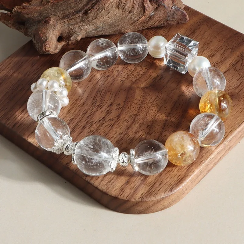 

Minar Chinese Style Transparent Crystal Natural Stone Freshwater Pearl Cubes Beaded Elastic Strand Bracelets for Woman Jewellery