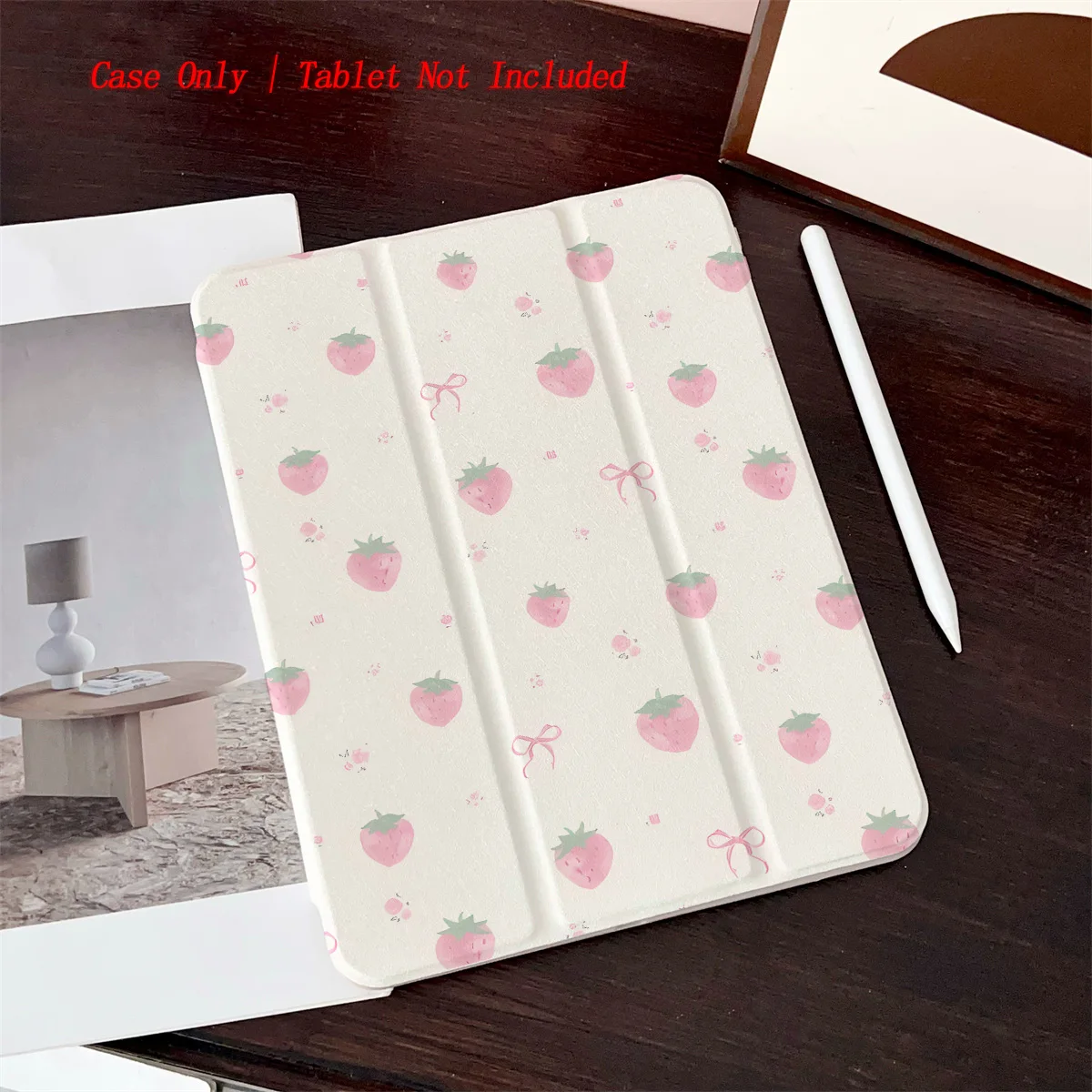 Chic Khaki & Pink Strawberries Print iPad Case for Apple - Lightweight Full Coverage Protective Shell
