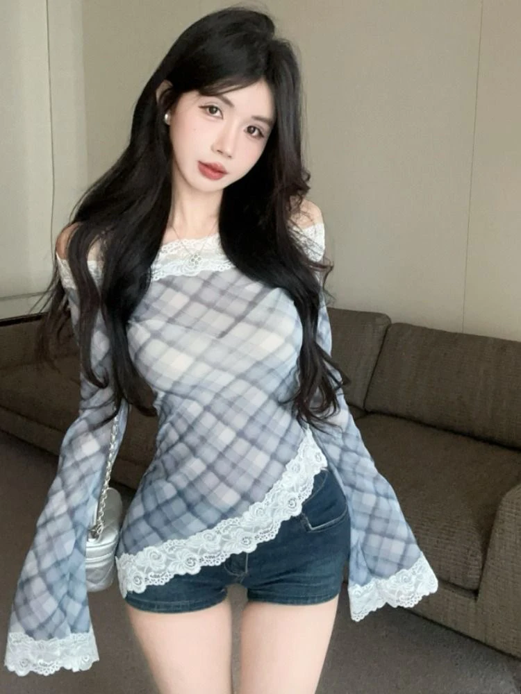 

KING BRAND Lace Splicing Plaid Long Sve Women's T-irt Slimming Design Spring Summer Sweet And Spicy Girl Sle