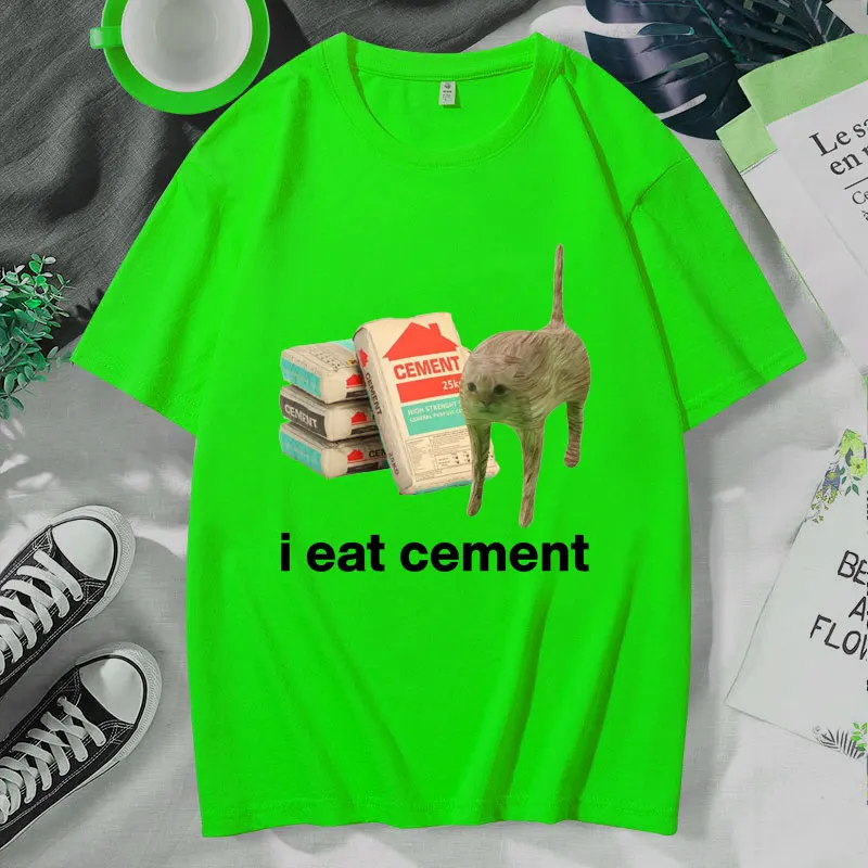 I Eat Cement Cursed Cat Funny Meme T Shirt Men Women Fashion Humor Short Sleeve T Shirts High Quality Cotton T-shirt Tops Unisex