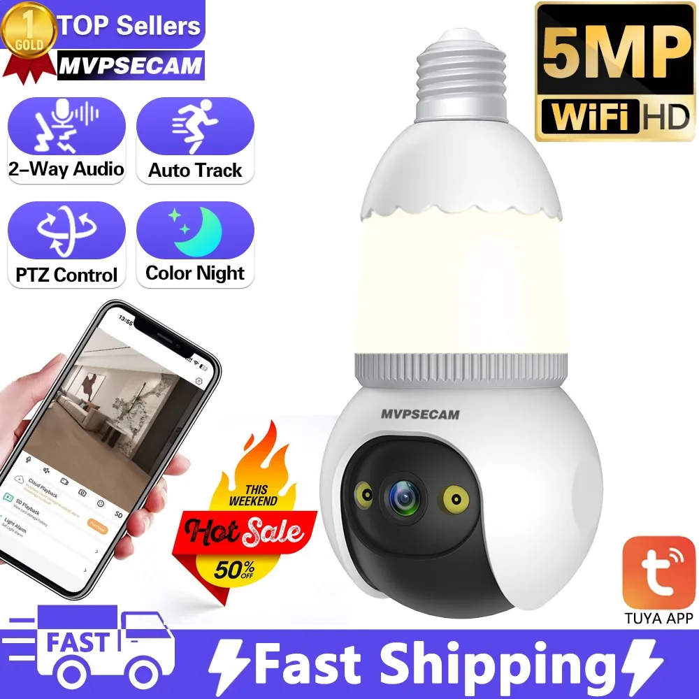 

Tuya Wifi 5MP E27 Bulb Camera 360° Panoramic Surveillance Camera LED Lamp Home Security Baby Monitor Color Night Vision IP Cam