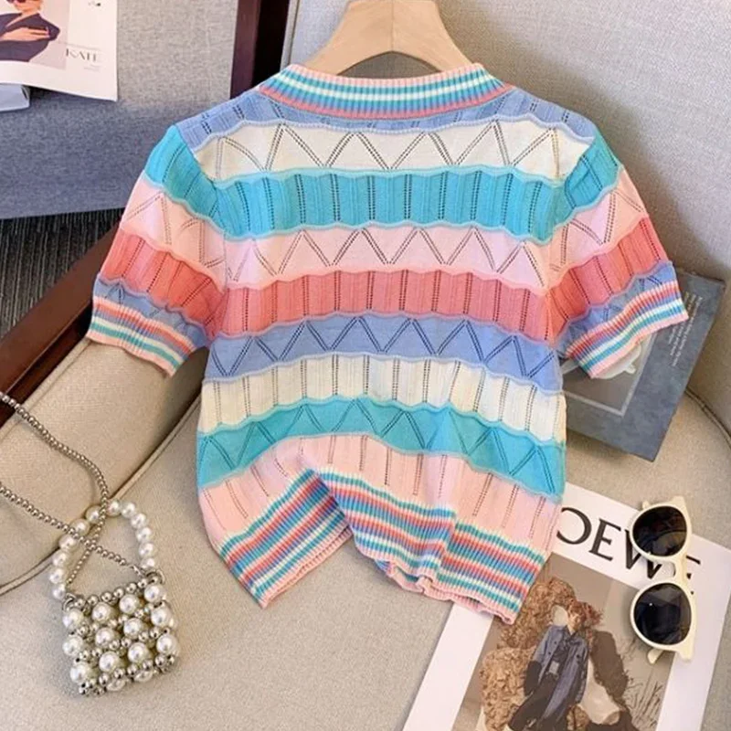 Nice  New Vintage Striped Multicolor Short Sleeve Cardigan Summer Hollow Out Knitting Temperament Trend Sexy V-neck T-Shirts