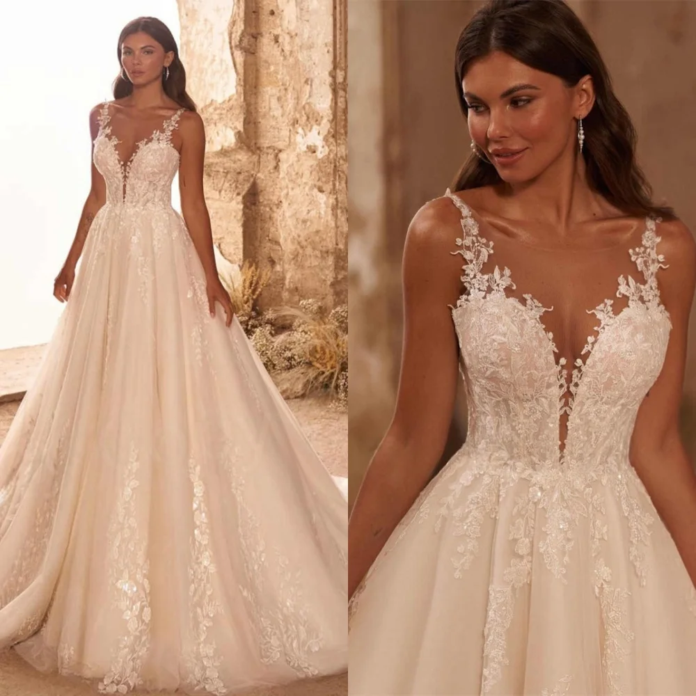 Customized Temperament White Tulle Wedding Dress High Quality Scoop Cap Sleeve Bridal Gowns Chapel Train Open Back Dress