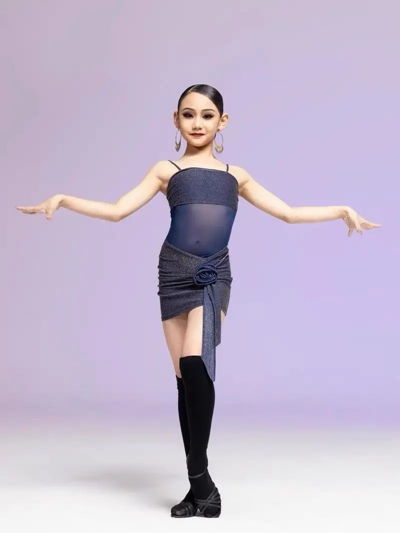 여아용 라틴 댄스 드레스 세트, 홀터 메쉬 스커트, 2025 여름 신상 차차 삼바 룸바 댄스 트레이닝 공연 의상