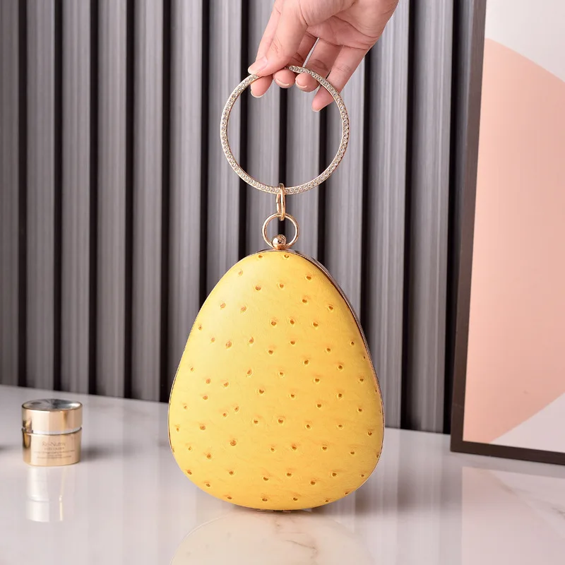 Bolso de Noche en Forma de Pera Amarilla, Estilo Huevo de Avestruz, con Asa de Anillo de Diamantes de Imitación de Lujo, Cadena Cruzada, Tipo Clutch, para Mujer, para Bodas y Fiestas