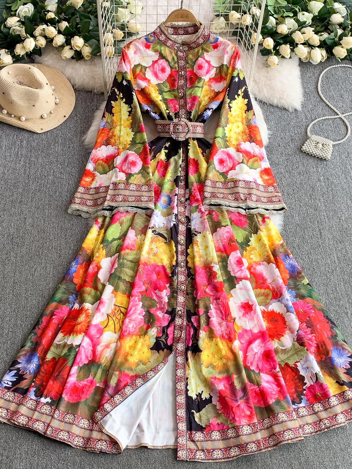 Vintage Retro Floral Maxi Kleid Hemd Frauen Herbst Laterne Langarm Perle Nationalen Graben Böhmischen Kleider Abend Vestidos