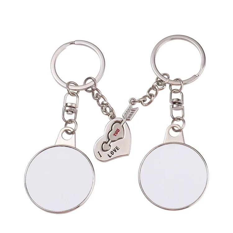 Sublimation Blank Keychain 1Pair=2pcs Metal Pendant Key Chain Round&Heart Shaped Key Ring Holder Custom Logo Jewelry Small Gift