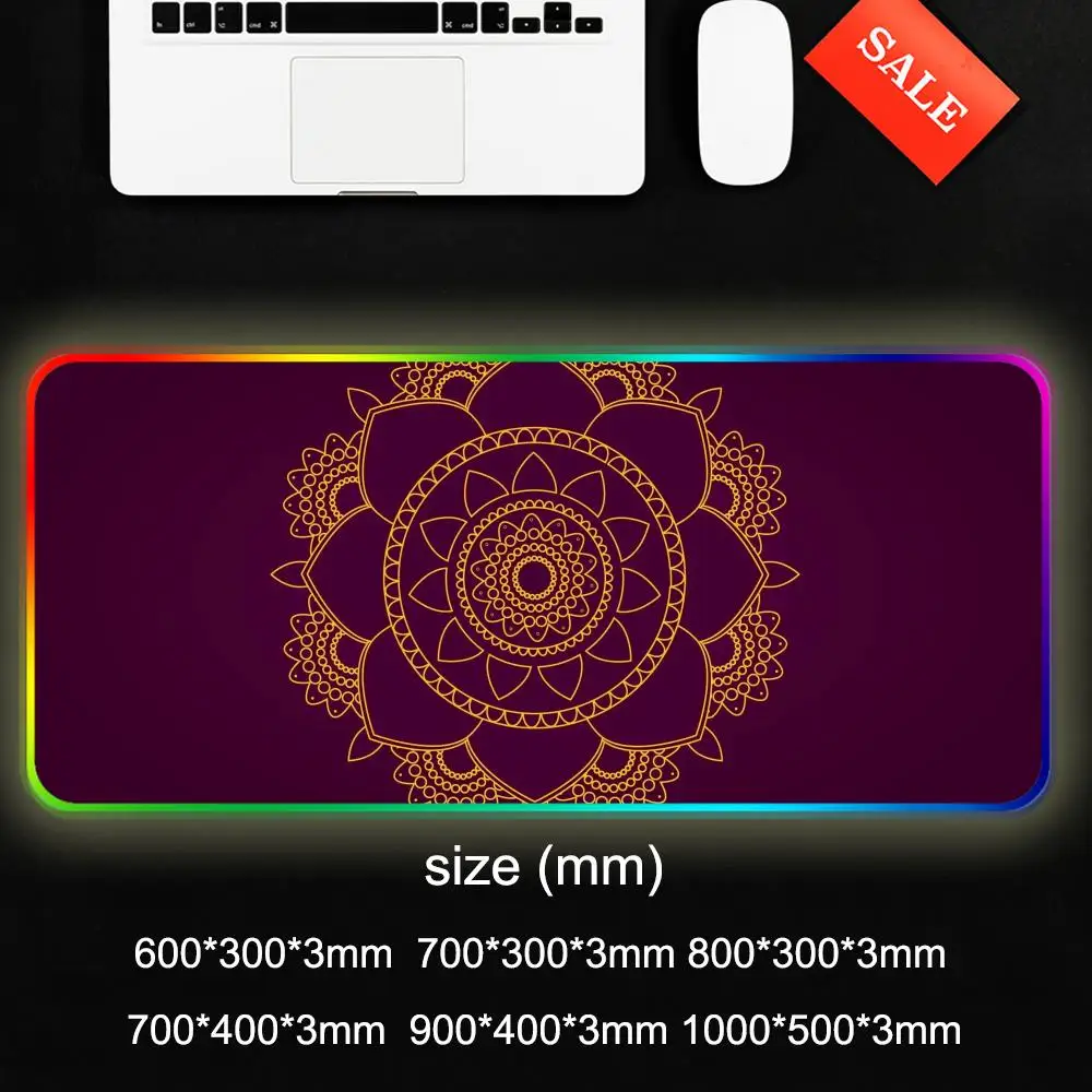 Mandala arte papel de parede mouse pad rgb gaming mousepad grande led tapete de mesa do computador luminoso mouse pad grande teclado tapetes de mesa