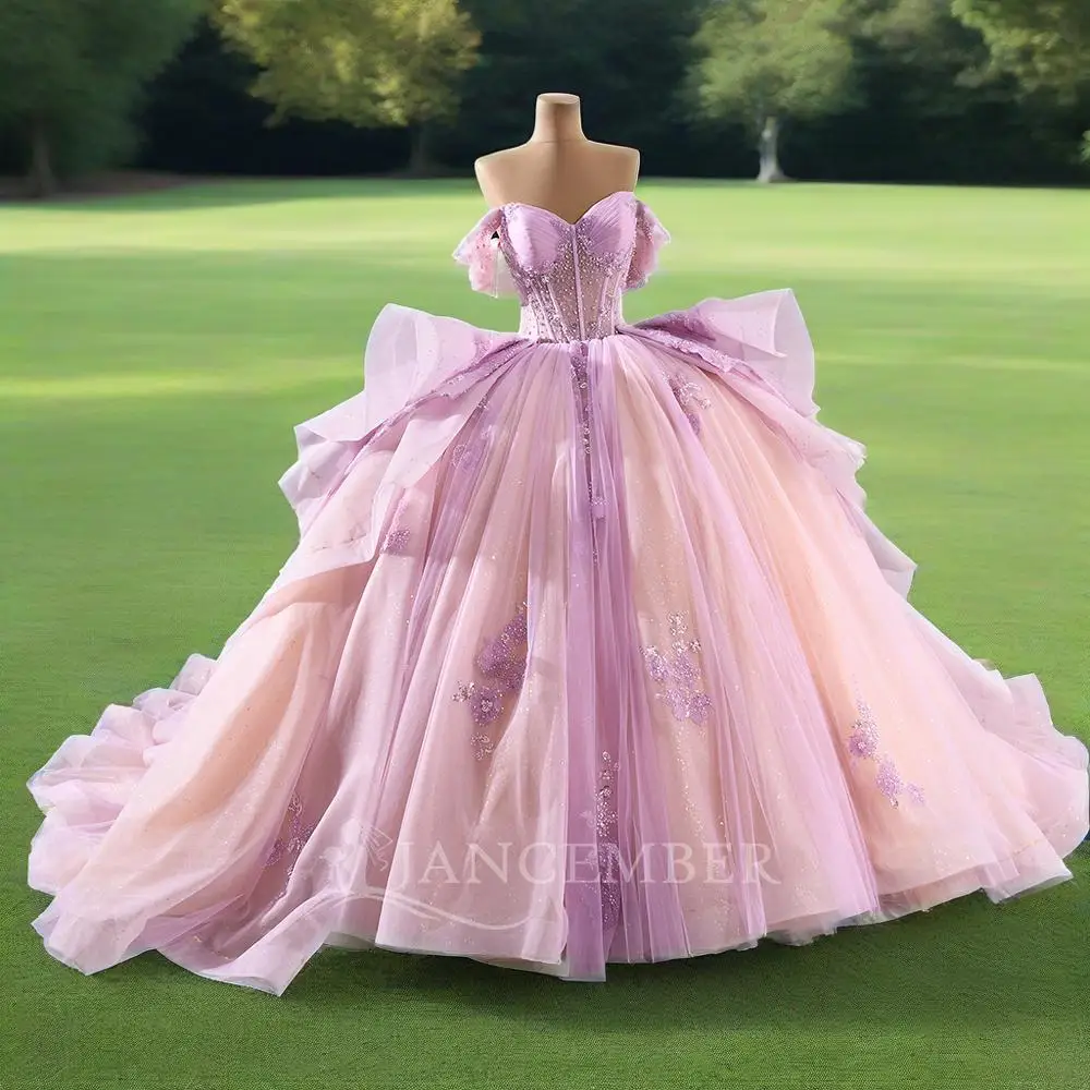 

Sparkly Pink Princess Quinceanera Dresses Off Shoulder Ball Gown Glitter Customized Lace Crystals Beads Tull Sweet 15th Dress