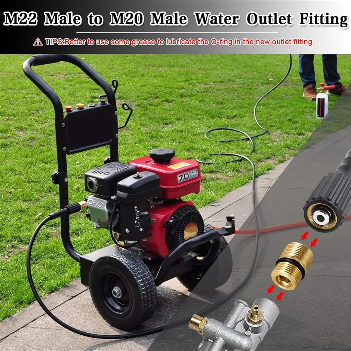 ABNJ 2pcs 7110264 Water Outlet Fitting Pressure Washer Pump Parts,M20 Male to M22 Male Water Outlet Connector