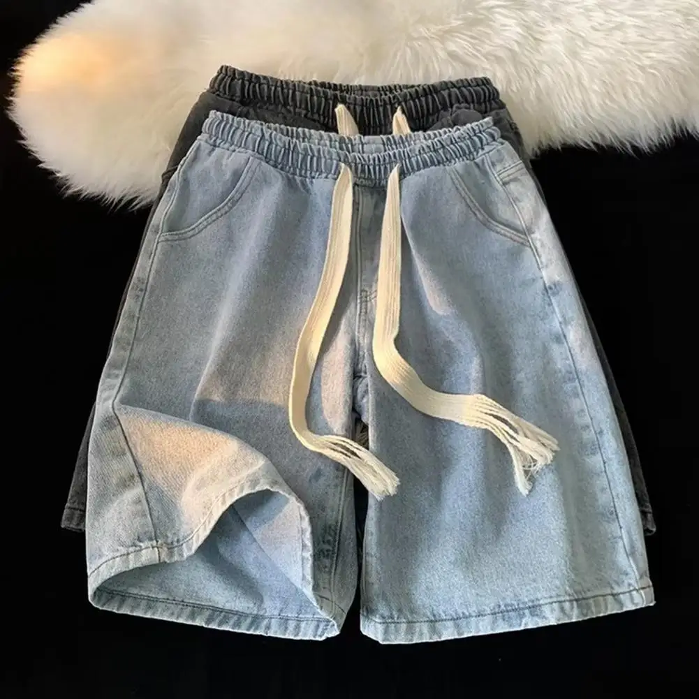 Men Wide-leg Denim Shorts Elastic Waistband Denim Shorts Men's Elastic Drawstring Denim Shorts with Pockets for Summer Beach