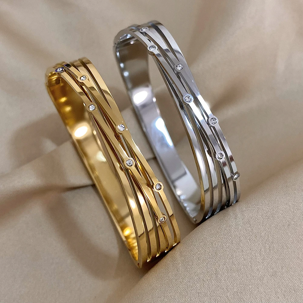 Greatera Wickelarmband mit gekreuzten Strasssteinen für Damen, modisch, Edelstahl-Armreifen, Gold, Silber, Farbe, wasserdichter Schmuck 2025,