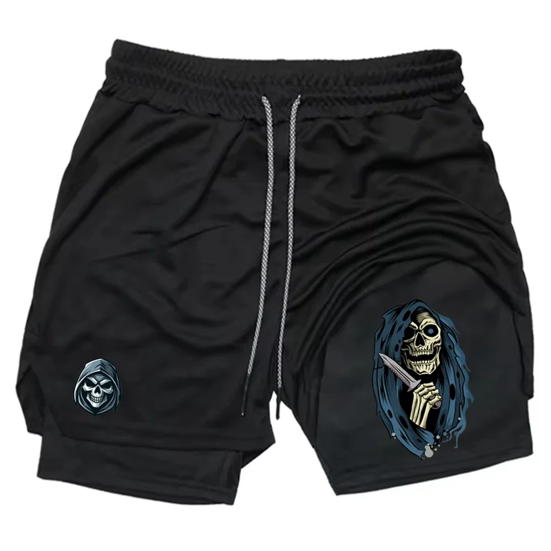 

Men's Grim Reaper Skull Print Double Layer Shorts, 2-in-1 Athletic Gym Workout Running Casual Streetwear Pants WX121