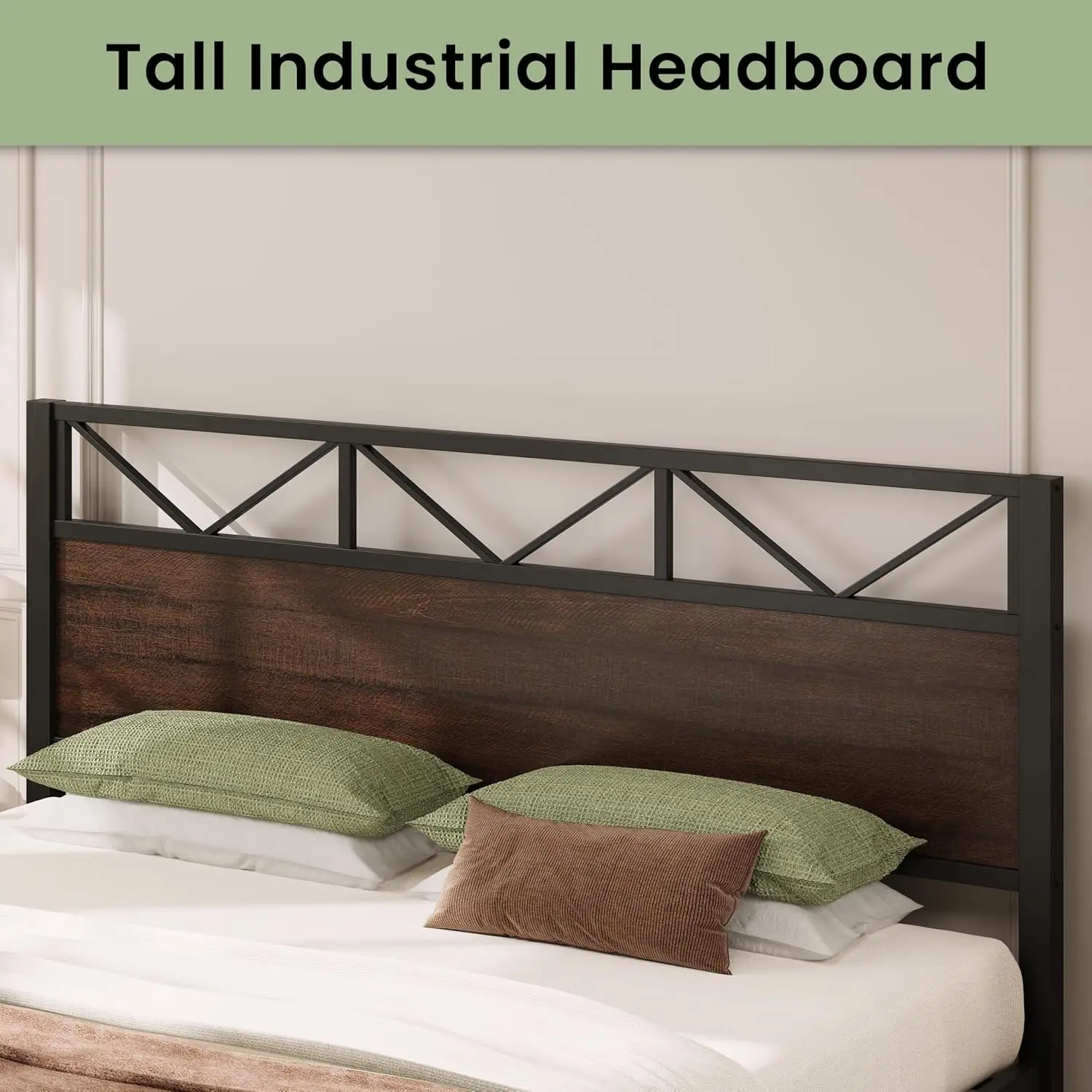 King Bed Frame, Tall Industrial Headboard 51.2 ", Platform Bed Frame with Strong Metal Support, Solid and Stable, Customized view 3