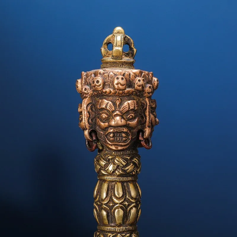 Tibetan Vajrayana supplies: Handcrafted copper three-sided Vajra Danda, 20cm, cross-shaped ornament