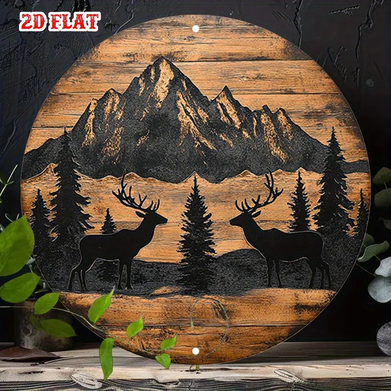 2D Flat, 1pc Vintage Mountain Range Metal Wall Art - Deer Silhouettes, Rustic Cabin Decor with Pine Trees - Lightweight Aluminum