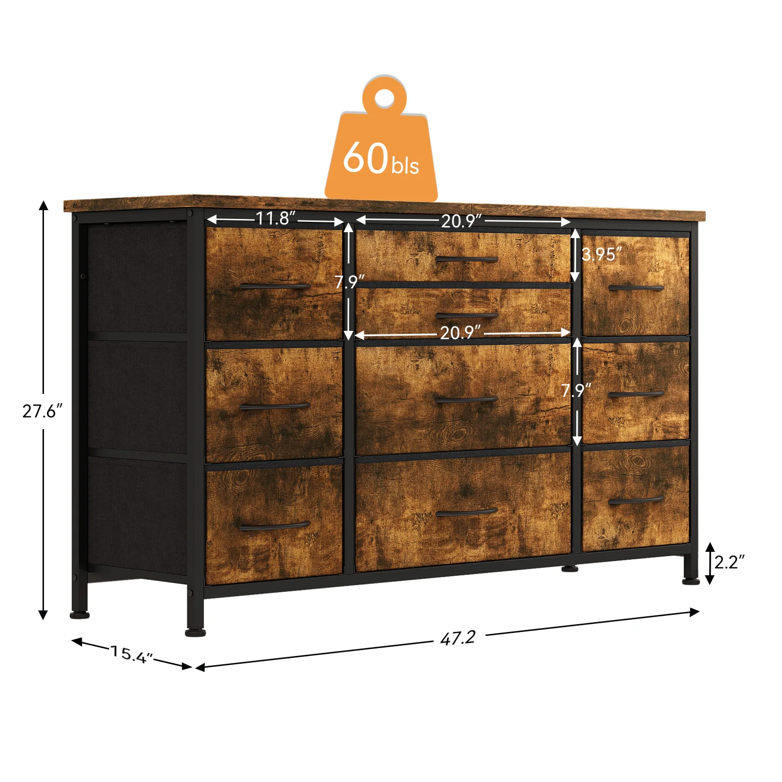 Wide Dresser with 10 Large Drawers for 55'' Long TV Stand with Power Outlet Entertainment Center, Storage Fabric Drawer Unit