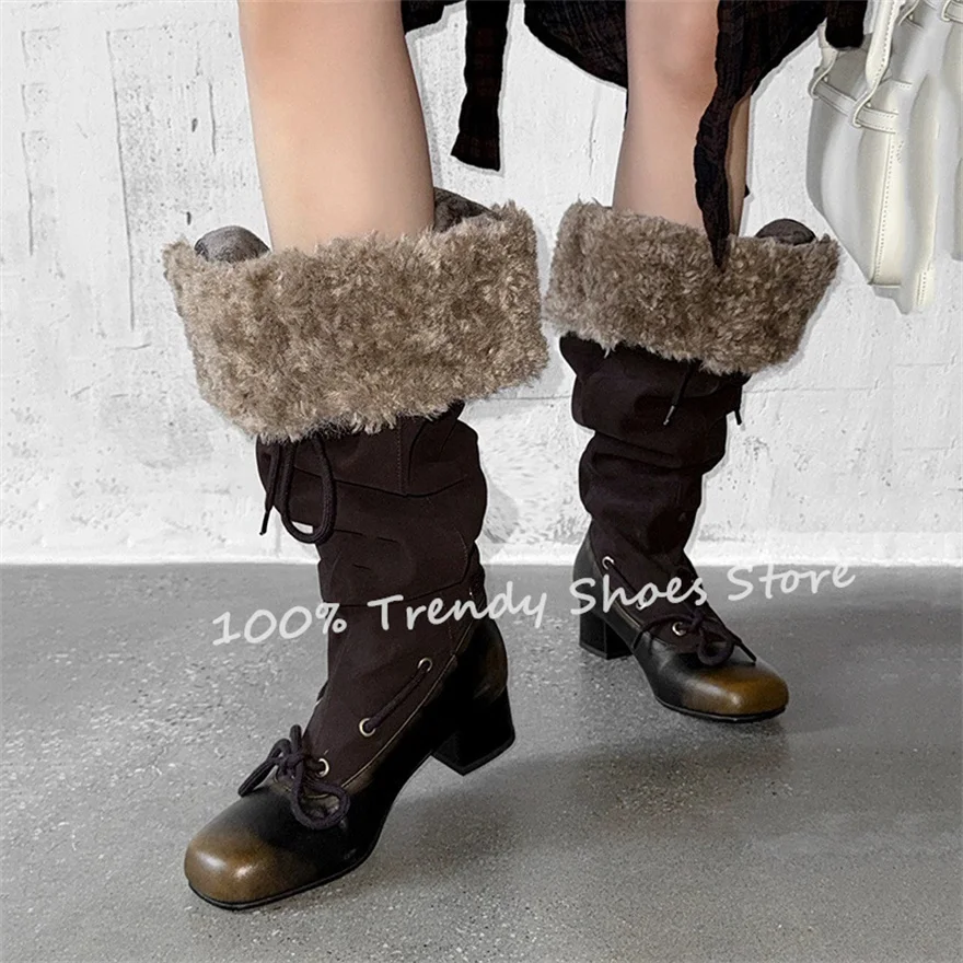 Fashion Mixed Color Plush Splicing Pleated Long Boots Women Leisure Knee High Boots Round Toe Chunky Heel Lace-Up Ladies Boots